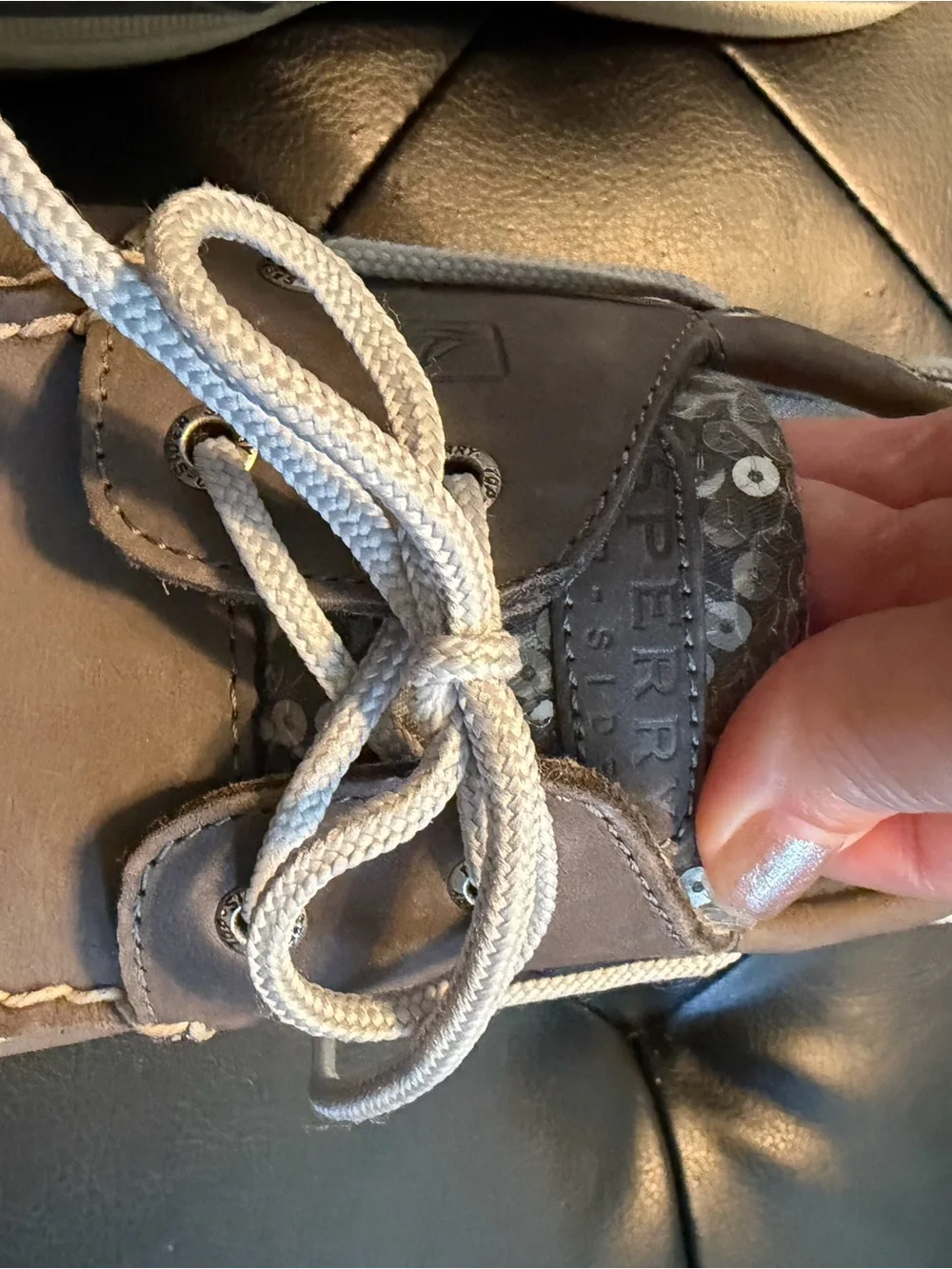 Sperry Taupe Leather Boat Shoes with White Laces